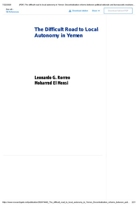 The difficult road to local autonomy in Yemen: Decentralization reforms between political rationale and bureaucratic resistances in a multi-party democracy of the Arabian peninsula